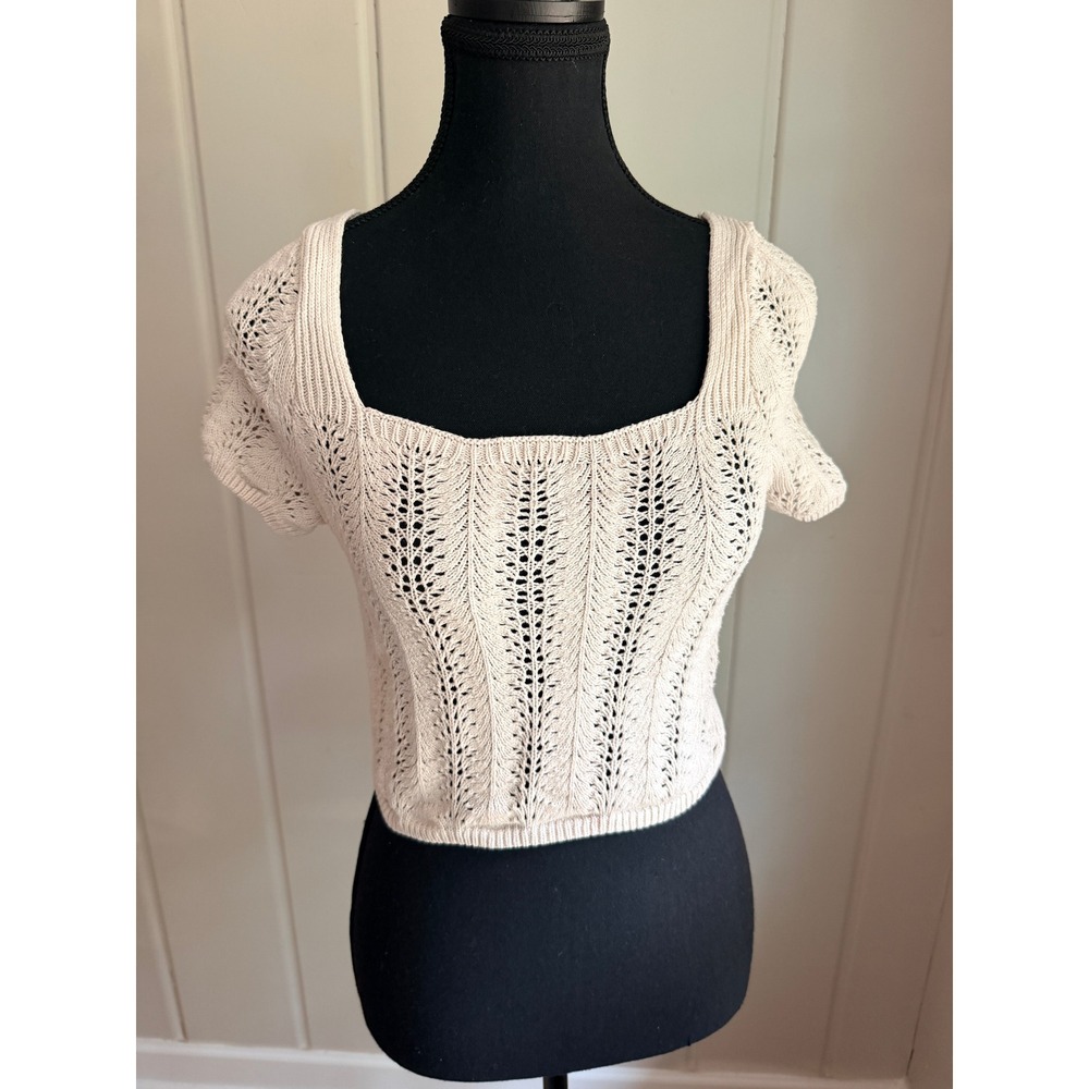 Freshman 1996 Pointelle Knit‎ Crop Top Cream Beige Square Neck Short Sleeve XS